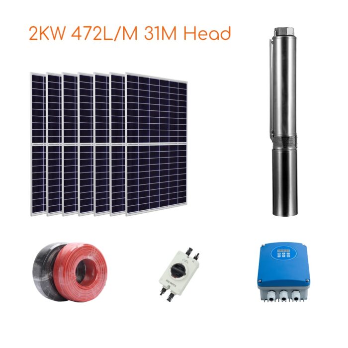 Wattrabbit Solar Water Pump Stainless Steel 2 inch 2100W 31m Max Head 28m3/h Max Flow with External MPPT Controller